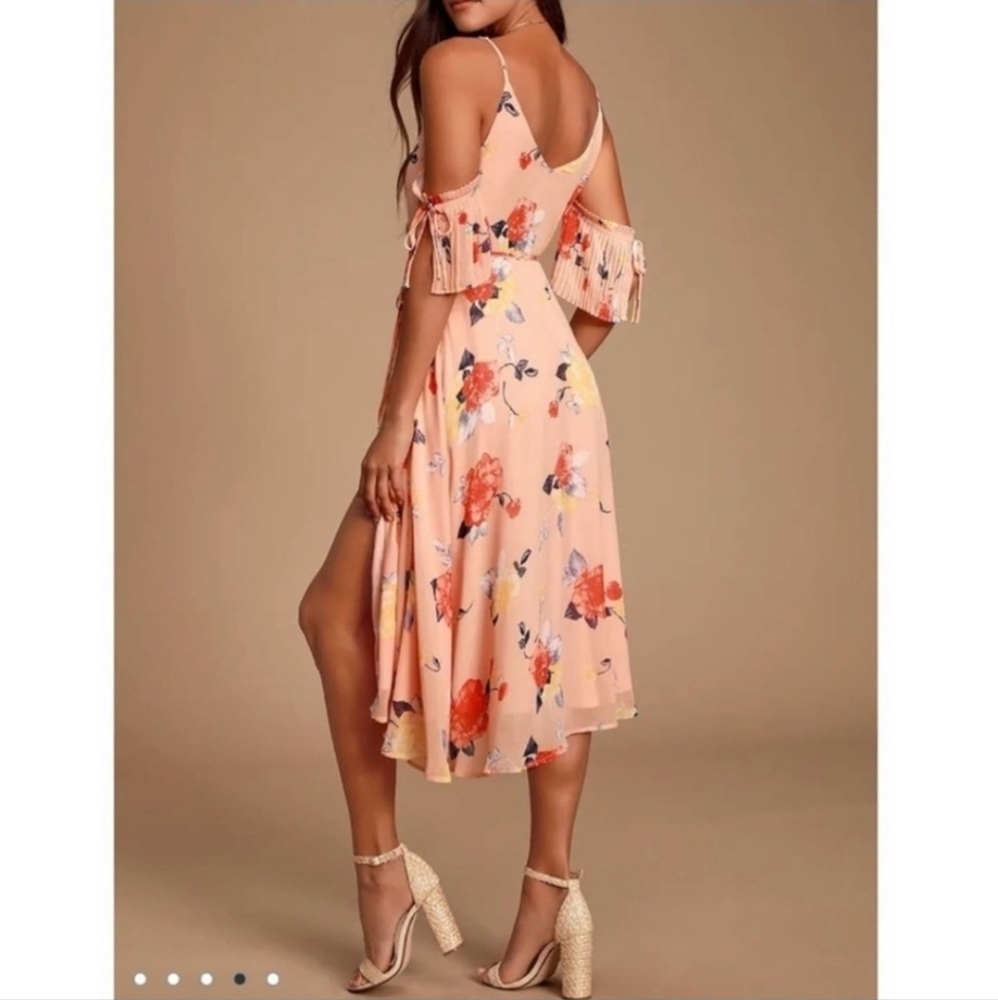 Lulu's Peach Floral Wrap Midi Dress Flutter Cold Shoulder Sleeves Size Small